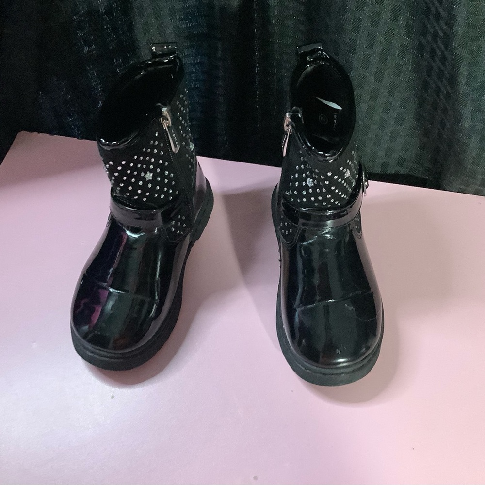 Tahari Shiny Black Kids Boots with Metallic Accents